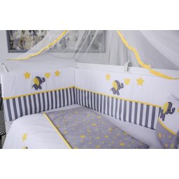 Lenjerie pentru patut bebe MyKids Elephant 9 piese gri-galben 120x60 cm