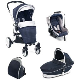 Carucior 3 in 1 Plebani P4 Trio albastru cu landou si scoica auto