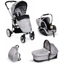 Carucior 3 in 1 Plebani P4 Trio argintiu cu landou, scoica auto si geanta