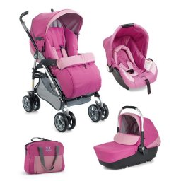 Carucior 3 in 1 Plebani D1 Trio roz cu landou, scoica auto si geanta