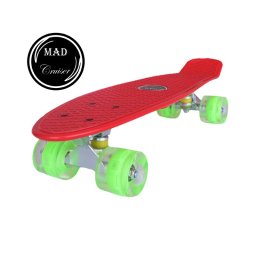 Penny board Mad Cruiser rosu cu roti LED, compact si rezistent