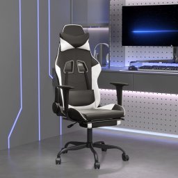 Scaun de gaming masaj/suport picioare alb/negru piele eco GartenMobel Dekor