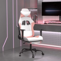Scaun gaming de masaj/suport picioare, alb/roz, piele ecologica GartenMobel Dekor