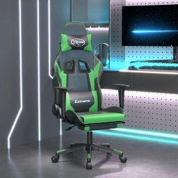 Scaun gaming de masaj/suport picioare, negru/verde, piele eco GartenMobel Dekor