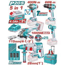 TOTAL - SET 5 UNELTE - 20V - CU 2 ACUMULATORI 4.0Ah SI INCARCATOR (INDUSTRIAL)
