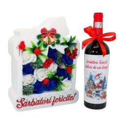Cadou Craciun - aranjament floral si sticla vin - Sarbatori Fericite 1 - ILIF311049