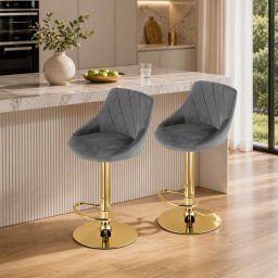 Set 2 scaune de bucatarie/bar, Artool, Kast, rotativ, catifea gri, picior metal auriu, 45.5x49x85-105 cm GartenVIP DiyLine