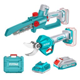 Kit combo TOTAL 20V cu foarfeca de crengi si mini drujba, 2 acumulatori