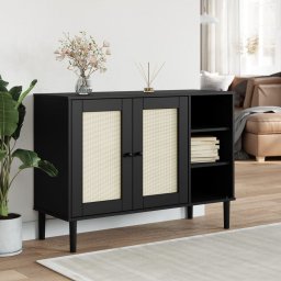 Servanta SENJA, aspect ratan negru, 112x40x80cm, lemn masiv pin GartenMobel Dekor