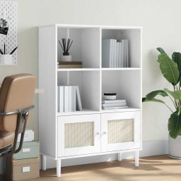 Biblioteca SENJA, aspect ratan alb, 90x35x130 cm lemn masiv pin GartenMobel Dekor