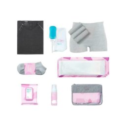 Set maternitate si recuperare, frida mom, camasa alaptare si nastere, sosete, recipient perineal, 4 chiloti de unica folosinta, 4 tampoane ice maxi, 24 placute racoritoare, spuma pentru recuperare 150 ml, geanta organizatoare, alb/gri