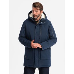 Ombre Men's long parka sherpa jacket – navy blue