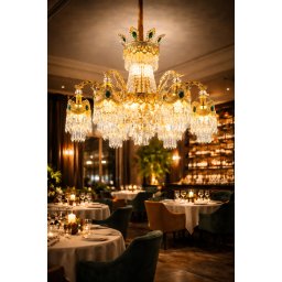 Candelabru din cristal auriu lucios, 13xE14, D80 cm, inaltime reglabila