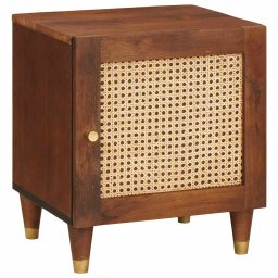 Noptiera maro din lemn masiv de acacia, 40 x 33,5 x 46 cm, usa ratan