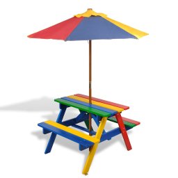 Masa de picnic pentru copii cu banci si umbrela, lemn multicolor GartenMobel Dekor
