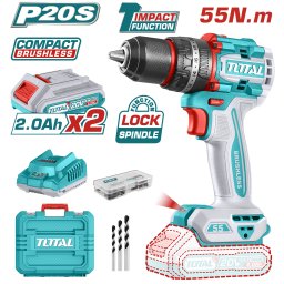 Masina de gaurit cu percutie TOTAL 20V brushless, 2x2.0Ah, 55Nm, set complet
