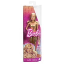 Papusa Barbie Fashionistas blonda cu salopeta aurie, 65 ani stil
