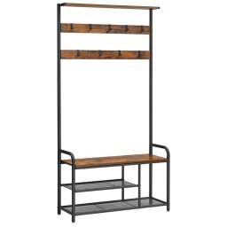 Cuier pentru hol VASAGLE cu banca, 9 carlige si raft pantofi, maro rustic