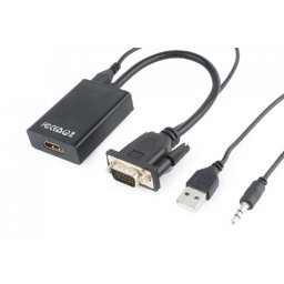 CABLU video GEMBIRD, adaptor VGA(T)+Jack 3.5mm(T) la HDMI(M),15cm,rez max Full HD 60Hz, conecteaza placa vid cu VGA la monitor HDMI,cablu power USB,negru, A-VGA-HDMI-01 (timbru verde 0.8 lei)