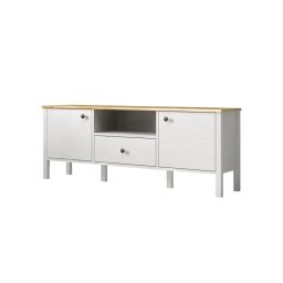 Hanah Home comoda TV living 150x58x35 cm, PAL 18mm, cant 0.8mm, picioare MDF, manere metal, lemn si alb - Verificat A · Re-Bloom