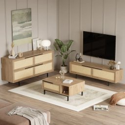Hanah Home set 3 piese living, comoda TV 160cm, masuta cafea 90cm, comoda 160cm, PAL 18mm, imprimat UV, picioare metal, stejar - Verificat A · Re-Bloom