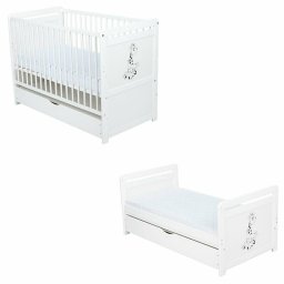 Babyneeds- Patut din lemn Nadia II Girafa transformabil pt bebe si junior, 120x60 cm, Multifunctional, Cu sertar cu capac, Din pin si mdf, Stabil si rezistent, Inaltime saltea reglabila pe 3 nivele, Laterala cu 3 bete detasabile, EN716-1, EN16-2, Alb