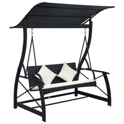 Balansoar de gradina cu 3 locuri cu copertina, negru, poliratan GartenMobel Dekor