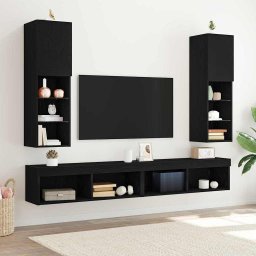 Set comoda TV cu LED 2 pcs Stejar Negru 30,5 x 30 x 102 cm GartenMobel Dekor