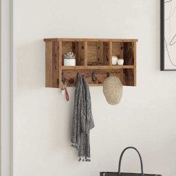 Cuier de perete cu raft si carlige, lemn vechi, 50 x 16 x 26 cm
