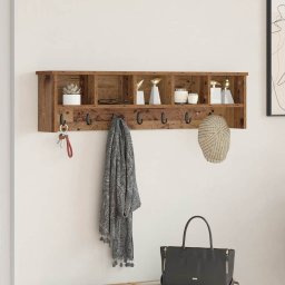 Cuier de perete cu 5 carlige si 3 rafturi, lemn vechi, 100 cm