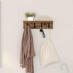 Cuier de perete cu raft si carlige, lemn vechi, 40 cm, pentru hol