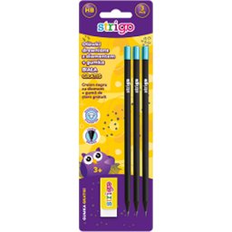 Blister Strigo 3 creioane HB lemn negru+radiera BD01X3+SSC002BL