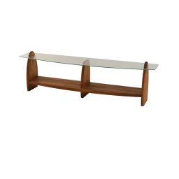 Hanah Home comoda TV living 160x35x45 cm, rafturi sticla securizata 100%, cadru pin masiv 100%, castan transparent - Verificat A · Re-Bloom