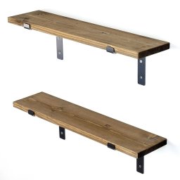 Hanah Home set 2 rafturi de perete 60x16x14 cm, lemn de molid 100% lucrat manual, suporti de metal, negru si nuc - Verificat A · Re-Bloom