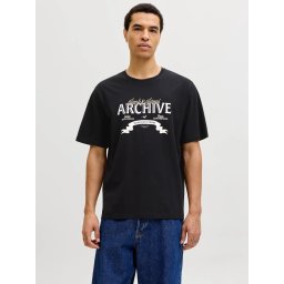 Jack & Jones Tricou barbati cu decolteu la baza gatului, imprimeu cu logo, Regular fit, Negru (SELECTATI MARIMEA: 2XL)