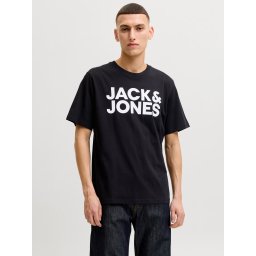 Jack & Jones Tricou simplu, barbati, din 100% bumbac, cu imprimeu cu logo, Negru (SELECTATI MARIMEA: L)