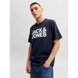 Jack & Jones Tricou simplu, barbati, din 100% bumbac, cu imprimeu cu logo, Bleumarin inchis (SELECTATI MARIMEA: S)