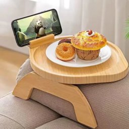 Tava de servire din lemn pentru brat canapea, cu suport telefon