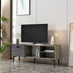 Comoda TV Nannestad 120 cm, finisaj nuc si marmura neagra