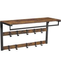 Cuier de perete VASAGLE cu raft si 10 carlige, maro rustic