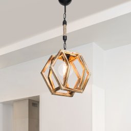 Lustra suspendata Cheltenham E27 din metal, lemn masiv si funie din iuta