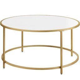 Masa de cafea rotunda VASAGLE cu sticla securizata si cadru metalic auriu, 84 cm