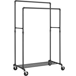 Suport pentru haine metalic cu raft, 2 bare si roti, negru, 100x59x162 cm