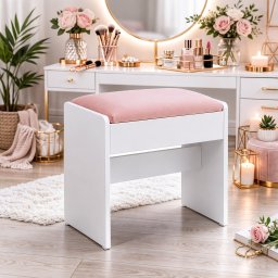 Taburet pentru masa de toaleta VASAGLE, catifea roz, alb mat, 45 cm