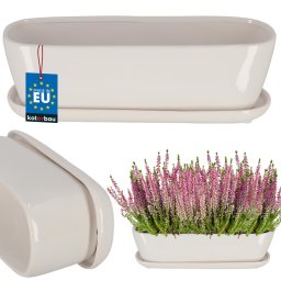 Ghiveci ceramic cu farfurie alungit alb 32 cm