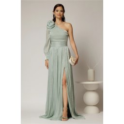 Rochie DY Fashion verde mint pe un umar cu detaliu floral amplu din voal peliculizat