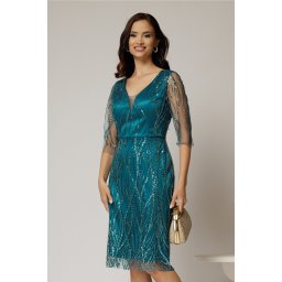 Rochie midi conica turcoaz din tull cu paiete