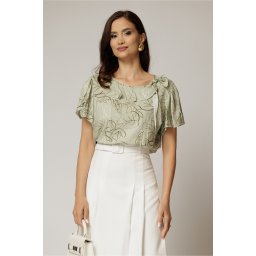 Bluza verde fistic din viscoza cu funda la decolteu si volanas