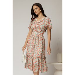 Rochie midi roz din voal cu imprimeuri florale oranj in clos cu volanase