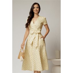 Rochie DY Fashion galbena cu buline cu decolteu petrecut si cordon in talie